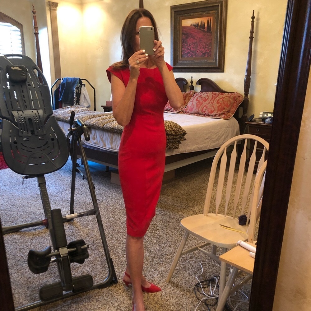 Red party dress.  Back details.  Slimming.  Fun!  Gently worn.